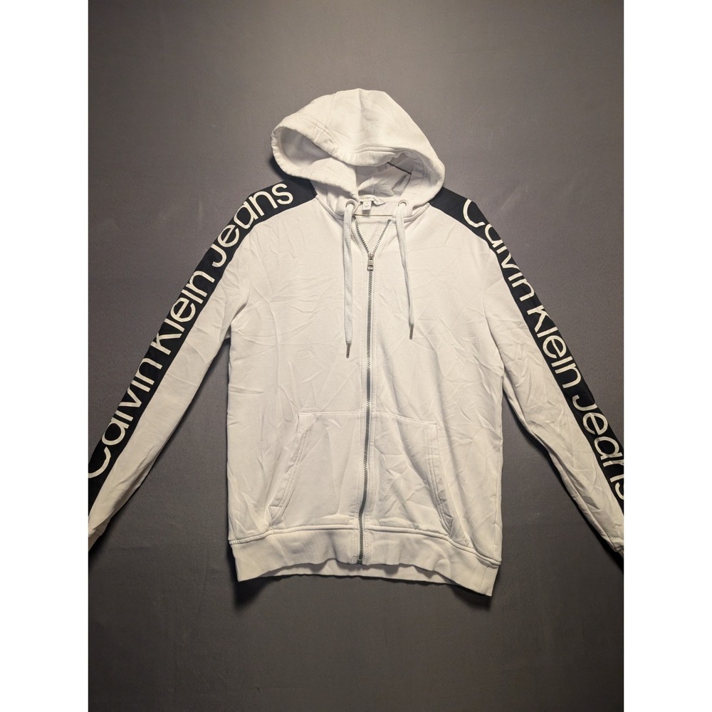 Calvin Klein Jeans Hoodie Mens Medium White Full Zip Long Sleeve Logo Casual